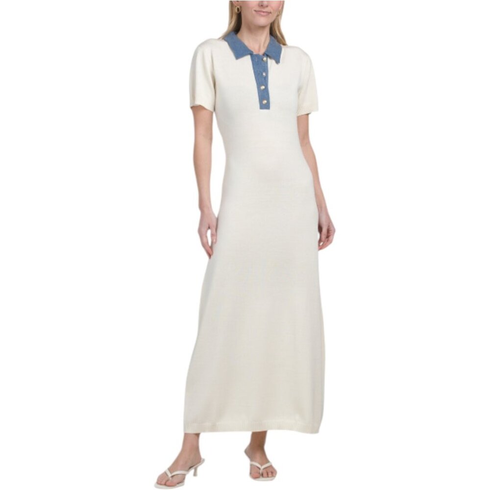 SUPER NATURAL BY SECRET MISSION Denim Trim Ribbed Knit Maxi Dress